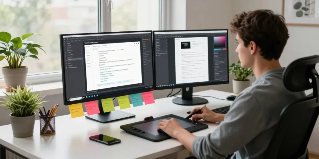 A designer using 截图软件 in a modern workspace, showcasing productivity tools and a creative setup.