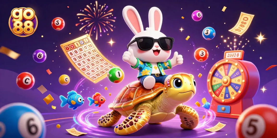 Catch the excitement with go 88 as lucky rabbit and golden turtle celebrate in vibrant casino-themed illustration.
