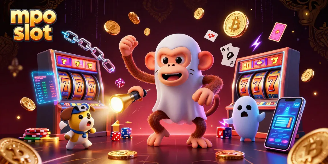 Engaging mpo slot illustration features a mischievous monkey and a curious puppy in a vibrant casino.