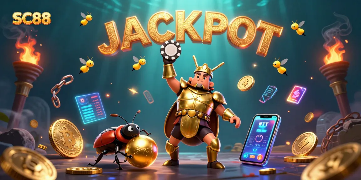 Experience excitement and chance with SC88 jackpot celebration featuring 3D characters and casino elements.
