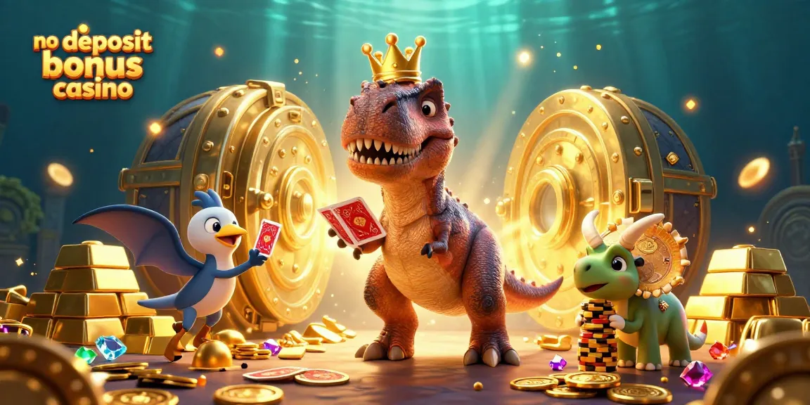 Exciting no deposit bonus casino scene with T-Rex, pterodactyl, and triceratops enjoying card games and gold.