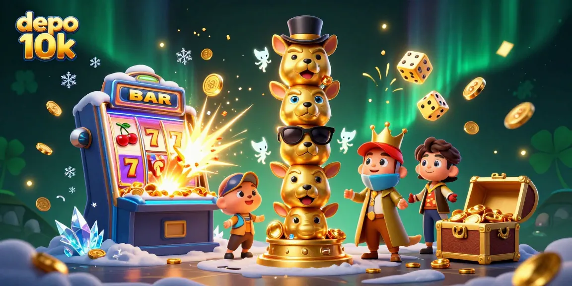 Experience big wins at depo 10k with the vibrant 3D casino illustration showcasing jackpots and spinning reels.